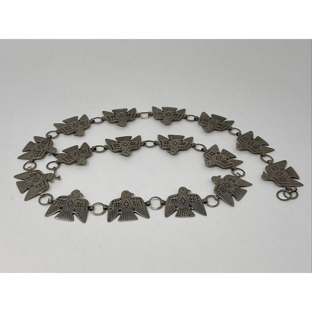 Thunderbird Concho Belt 37" Western Southwestern Stamped Metal Chain Silvertone